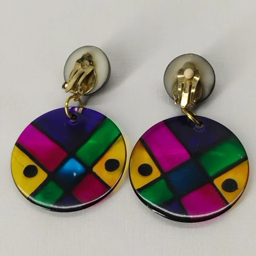 Vintage Stained Glass Plastic Clip On Earrings Neon Retro Boho - Picture 4 of 6